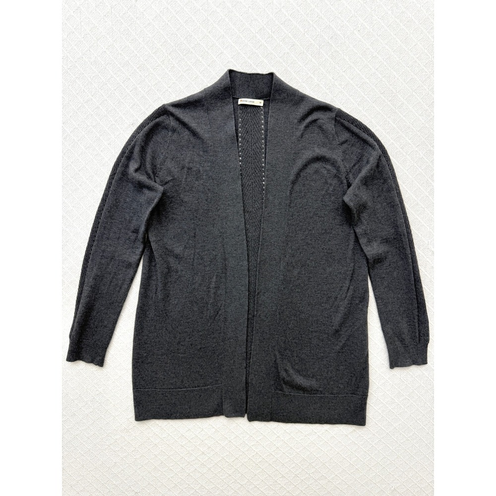 Marine Layer Open Front Pointelle Back and Sleeve Cardigan Sweater Charcoal Gray
